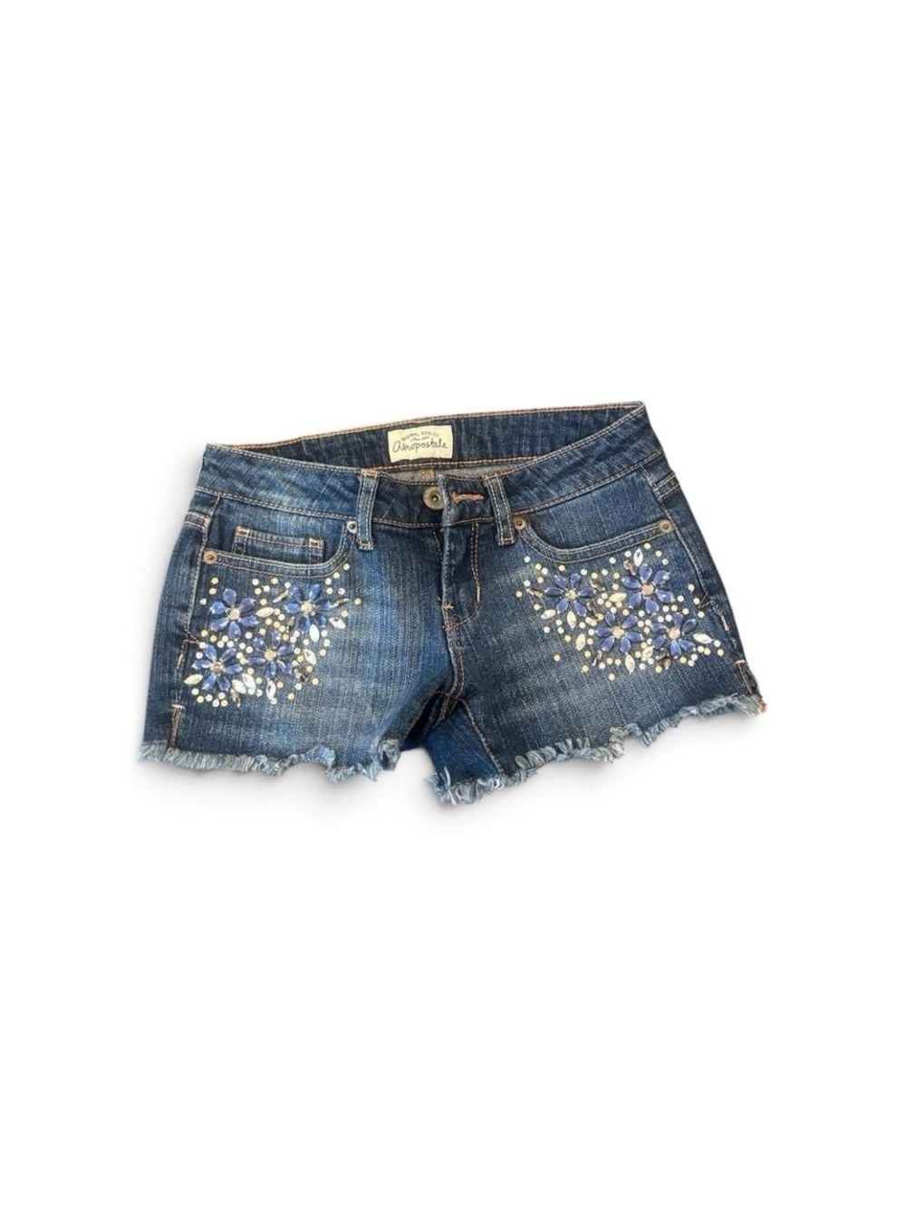 Aeropostale Dark Blue Denim Shorts with Floral Rhinestone Accents